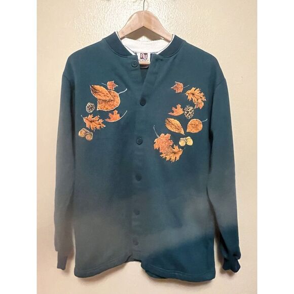Vtg‎ Art Unlimited Sportswear Cardigan Sweatshirt Fall Leaves Green Adult Sz M - Picture 1 of 6
